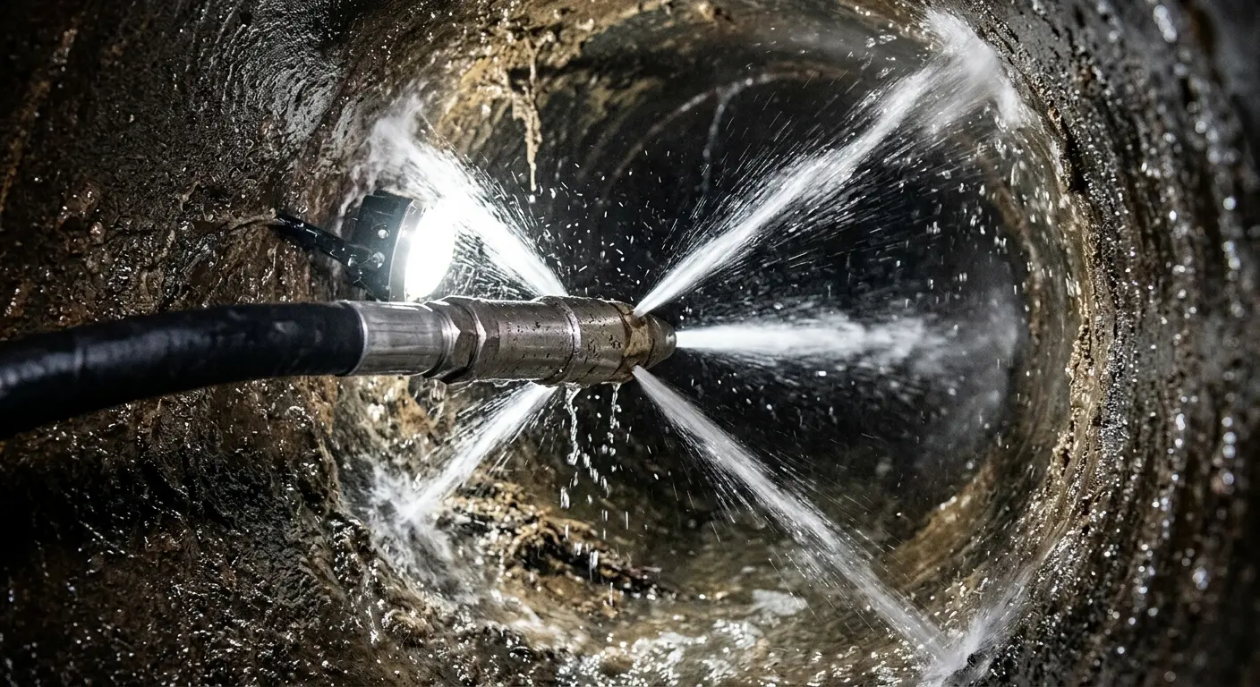 High-pressure hydro jetting nozzle cleaning sewer pipe for Storm Drain Cleaning in Monterey