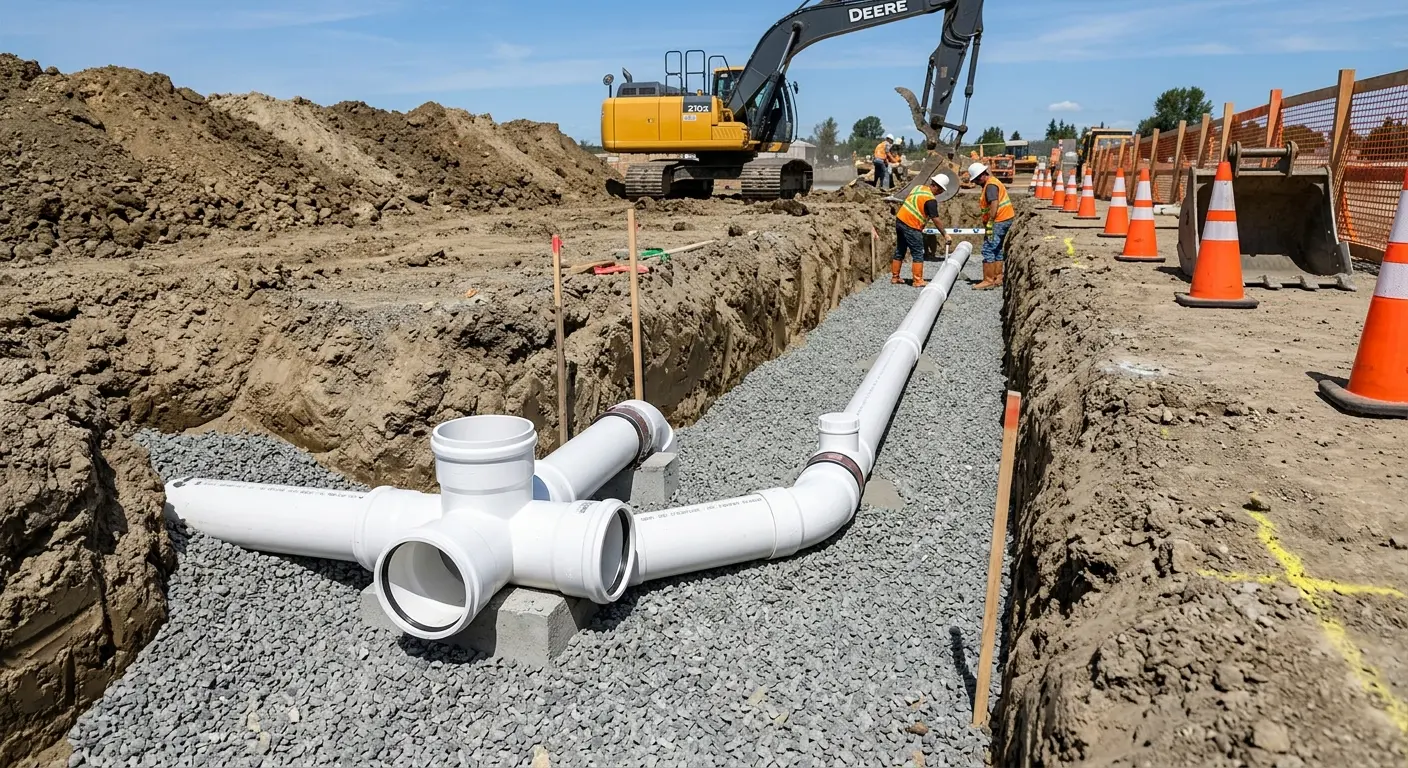 New PVC sewer pipe installation in open trench for Sewer Backup in Monterey