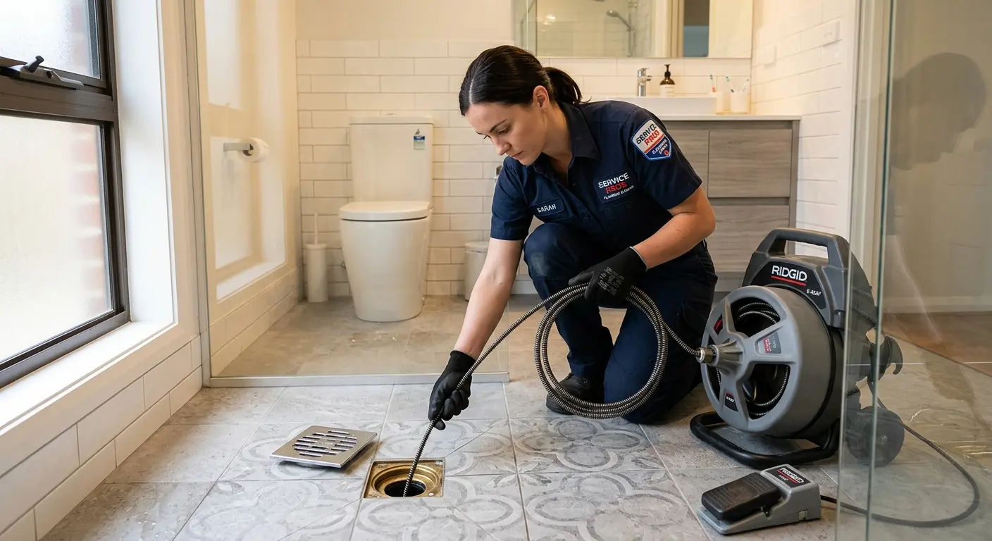 Technician clearing a bathroom floor drain for Drain Cleaning in Monterey